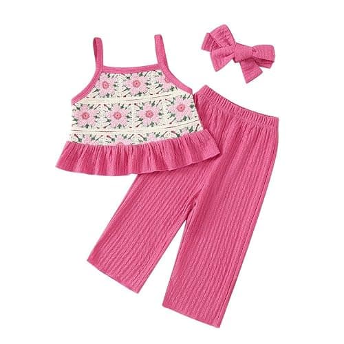 Voonlie Toddler Baby Girl Summer Clothes Outfits Crocheted Ruffle Camisole Pants Kids Clothing Set - Image 1