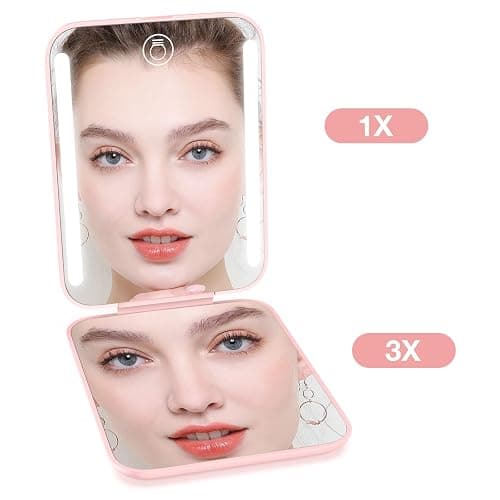 Kintion Rechargeable Pocket Mirror, Double Sided 1X/3X Magnification Compact Vanity Mirror, 3 Color Lights, Dimmable, Small Portable Wallet Mirror, Lighted Travel Mirror for Women Gifts, Pink thumbnail 5