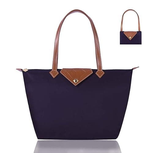 BOJLY Tote Bags for Women Stylish Waterproof Nylon Ladies Shoulder Bag Top Handle Handbag Folding Beach Travel Bag for Work,Shopping, School - Deep Purple - S