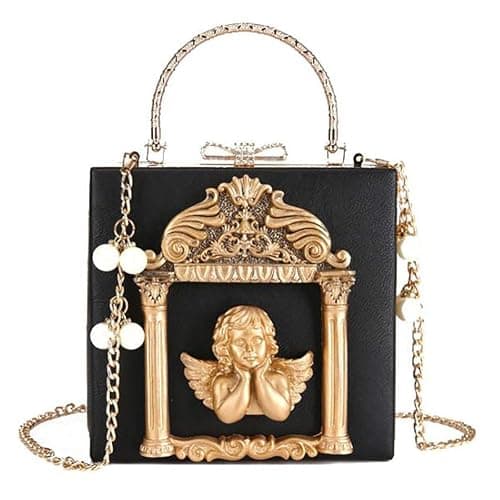 QZUnique Women Love Angel Floral Evening Bag Rose Embossed Formal Purse Clutch Black Gold Crossbody Pearl Chain Shoulder Bag - Image 1
