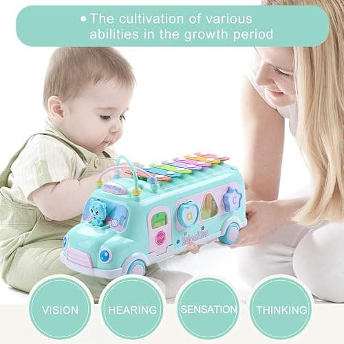 Baby School Bus Xylophone Toy for Toddlers 1-3, 5-in-1 Montessori Musical Bus Toys Gifts for 1 Year Old Baby Girl, Shape Sort Toys Knocking Xylophone Educational Instruments Birthday Gift Boy Girl thumbnail 9