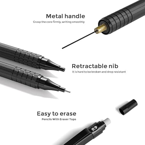 Nicpro 0.9 Metal Mechanical Pencil Set with Case, 3PCS Black MP1000 0.9mm Drafting Pencil, 8 Tubes HB Lead Refills, 3PCS Erasers, Erasers Refills for Artist Writing, Drawing, Sketching thumbnail 8