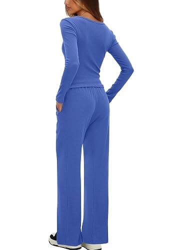 Darong Women's Fall Trendy 2 Piece Outfits Lounge Sets Long Sleeve Top Henley Shirts Wide Leg Pants Travel Clothes thumbnail 2