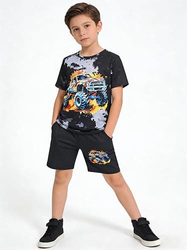 LPHGFZA Boys Clothes 2-Piece Summer Outfit 3D Car Print Tie-Dye T-Shirt & Elastic Waist Shorts for Kids Clothing Set 5-11Y thumbnail 2