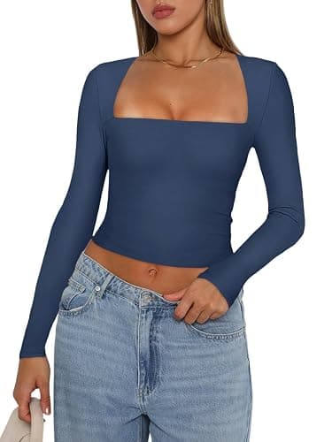 REORIA Women's Basic Sexy Square Neck Long Sleeve Y2K Going Out T Shirt Crop Top - Image 1