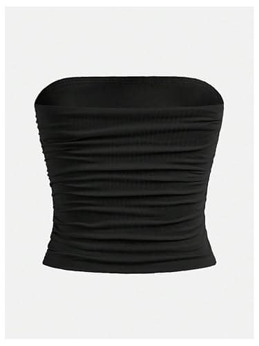 OYOANGLE Girl's Strapless Tube Top Ribbed Knit Ruched Cropped Bandeau Cute Summer Tops thumbnail 2