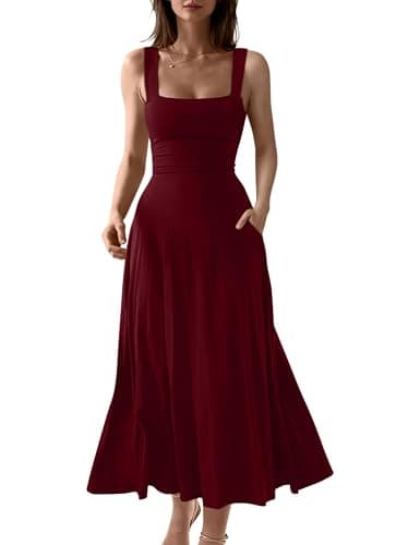 OYS Women's Casual Sleeveless Square Neck A-Line Flowy Long Dress | Side Pockets,Corset,Slim,Solid Color,Stetchy,Elegant,Back Tie,Tank,Party,Club,Dailywear,Goinng out,Wedding Guest,Comfy,Maxi - Image 1