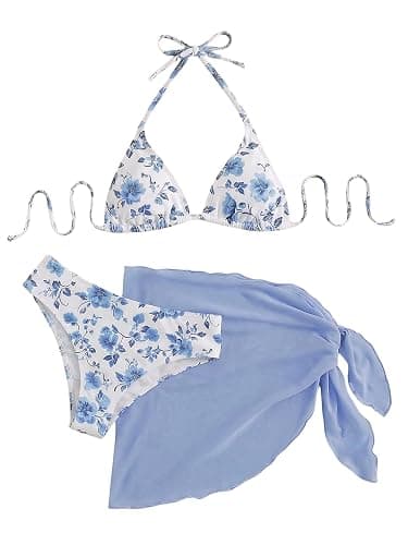 SHENHE Women's 3 Piece Floral Bikini Set with Wrap Coverup Halter Triangle Swimsuits - Image 1