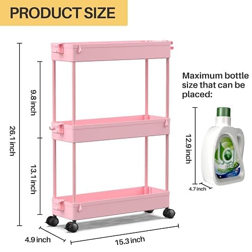 SPACEKEEPER Slim Rolling Storage Cart, 3 Tier Bathroom Organizer Utility Cart Laundry Room Organization Mobile Shelving Unit for Kitchen, Bathroom, Office, Bedroom, Narrow Places, Pink thumbnail 3