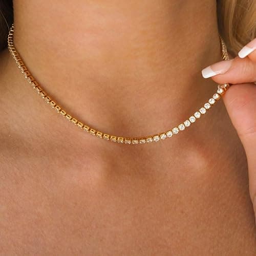 REHANDLE Dainty Tennis Necklaces for Women 14K Gold Plated Thin CZ Tennis Necklace Faux Diamond Tennis Chain Adjustable Tennis Choker Necklace for Women Necklace for Prom Mothers Day Gifts thumbnail 4