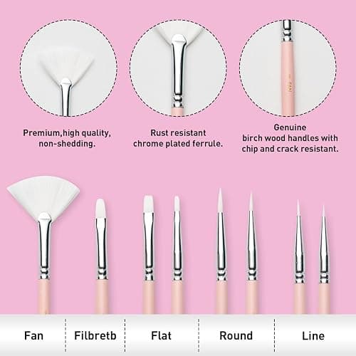 HIMI Paint Brushes Set 8 Pcs for Acrylic Oil Gouache Paint，2 Flat & 2 Round & 2 Liner &1 Filbret &1 Fan, 8pcs Brushs, Interesting Designed Nice Gift for Art hobbyist Beginners Artists (Pink,8Pcs) thumbnail 3