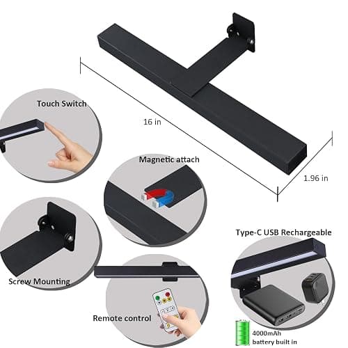 MIOBLUE LED Picture Lights with Remote, 16in Metal Battery Operated Picture Light,Rechargeable Display Lamp,Dimmable Dartboard Light with Timer for Frame Wall Portrait Art, 2Pack thumbnail 2