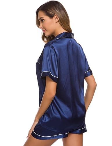 SWOMOG Womens Silk Satin Pajamas Set Short Sleeve Sleepwear Button Down Top and Shorts Loungewear 2 Piece Pjs Set XS-3XL thumbnail 5