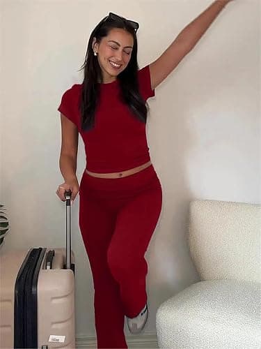 AYWA Women's 2 Piece Lounge Sets Short Sleeve Crop Top Foldover Flare Pants Casual Pajama Outfits thumbnail 4