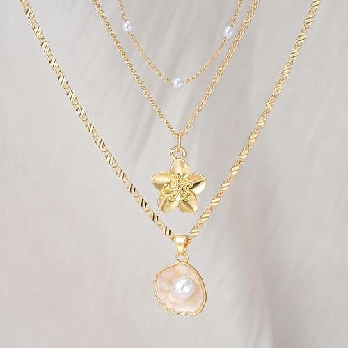 Hibiscus Stack Necklace for Women Gold Flower Necklace Waterproof Beach Vacation Layered Necklace Jewelry thumbnail 3