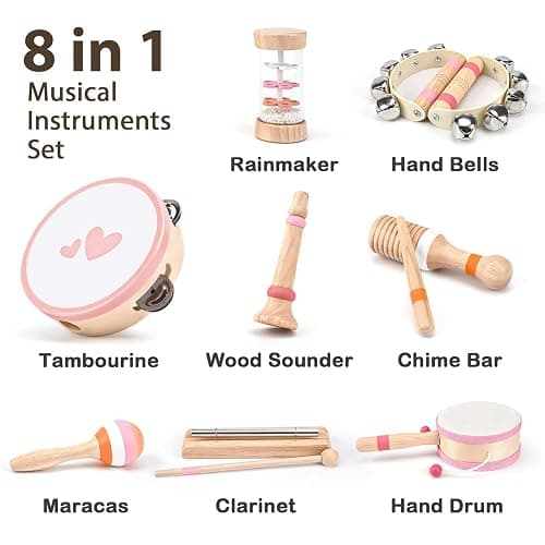 Musical Toys for 2 3 Year Old Girl Birthday Gifts, Wooden Montessori Toys for 2 Year Old, 8 in 1 Musical Instruments for Toddlers with Drum/Hand Bells/Flute/Maracas, Preschool Toys for Baby 18+ Months - 8 - Piece Pink Wooden Set thumbnail 4