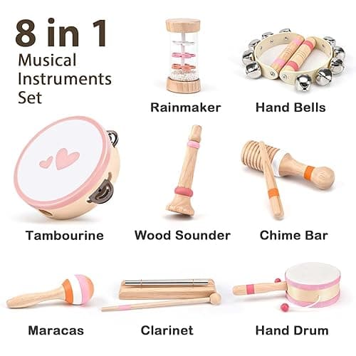 Musical Toys for 2 3 Year Old Girl Birthday Gifts, Wooden Montessori Toys for 2 Year Old, 8 in 1 Musical Instruments for Toddlers with Drum/Hand Bells/Flute/Maracas, Preschool Toys for Baby 18+ Months thumbnail 5