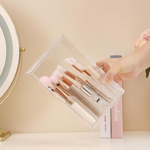 LOHRYVIO Acrylic Makeup Brush Holder with Slanted Flip-Top Lid - Clear Dustproof Cosmetic Make up Brush Organizer and Storage Box - Large Capacity 17-Slots Container for Vanity Brushes (Transparent) thumbnail 9