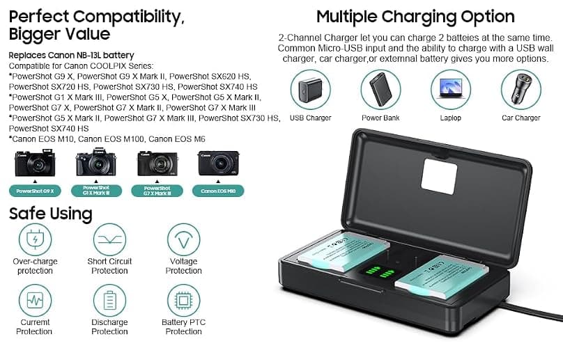 NB-13L Battery(2 Pack) and Charger(2CH) Set,Camera Accessories for Canon G9X,G5X,G1X G7X Mark II/III,SX620/SX720/SX730/SX740 HS, EOS M10/M100/M6,Replacement Rechargeable Lithium Ion Batteries Case thumbnail 3