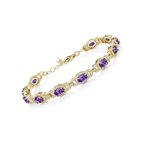 Gem Stone King Oval Halo Gemstone Tennis Bracelet | 6X4MM Oval Birthstone Bracelet for Women | 18K Yellow Gold Plated Silver | 7 Inch + 1 Inch Extender | Gift for Mom Wife Her - Image 1