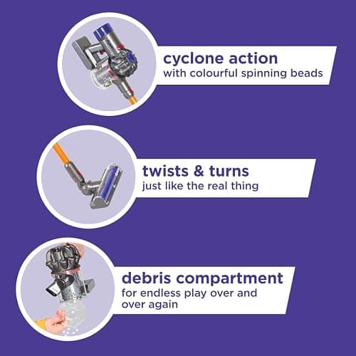 Casdon Dyson Cordless Vacuum Interactive & Officially Licensed Toy Dyson Vacuum For Children Aged 3+ Realistic Role-Play Fun, Purple and Orange - Purple thumbnail 5