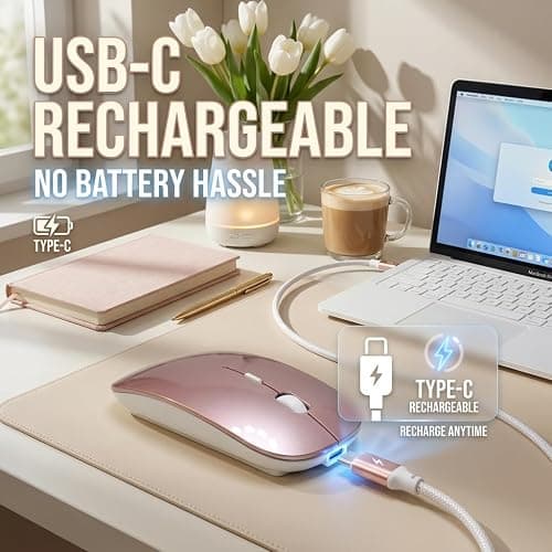 LOONASA Wireless Bluetooth Mouse for Mac Air MacBook Pro Laptop PC Pad Optical Rechargeable Silent Mouse with Jiggler Mode Dual Mode Switch Bluetooth 5.2/3.0 and 2.4G USB-A & USB-C Receiver Rose Gold thumbnail 5