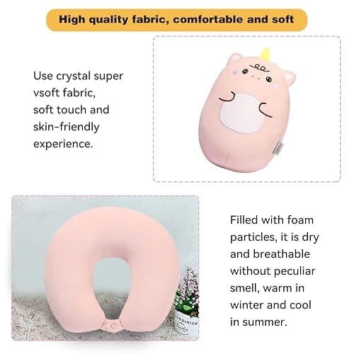 stocaggio Kids Travel Pillow - 2-in-1 Deformable Kids Neck Pillow for Traveling, Soft U-Shaped Pillow with Adorable Animal Design, Comfy Sleep and Play, Ideal for Airplanes and Cars - Pink Unicorn thumbnail 5