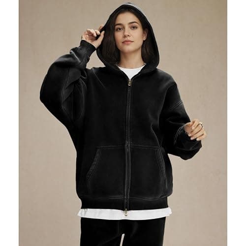 Talakeno Womens Double Zip Up Hoodies Oversized Heavyweight Fleece Sweatshirt Acid Wash Hoodie Vintage Distress Cotton Jacket thumbnail 3