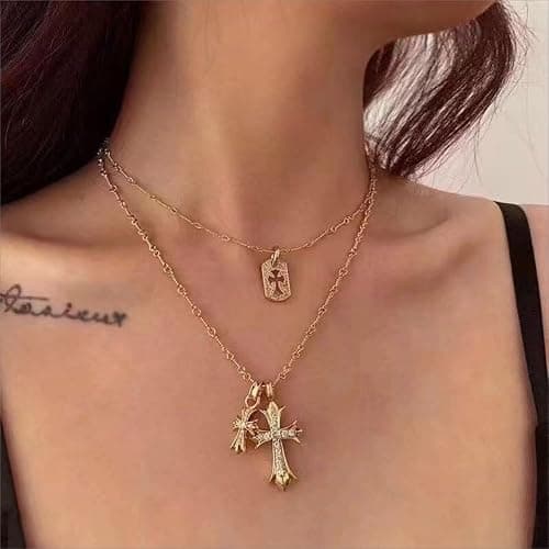 HUARJO Double Cross Vintage CZ Diamond Cross Long Pendant Necklace 18k Gold Plated Choker Necklace for Women,Trendy Jewelry Gifts for Women. - Y2k-18K Gold thumbnail 3
