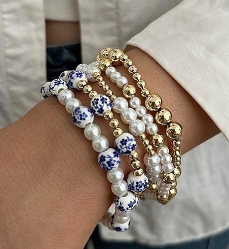Gold Beaded Bracelets for Women, 14K Real Gold Plated Jewelry for Women Dainty Pearl Bead Bracelets Stack, Non Tarnish Trendy Stackable Ball Cross Stretch Bracelet Set Fashion Accessories Gifts thumbnail 3