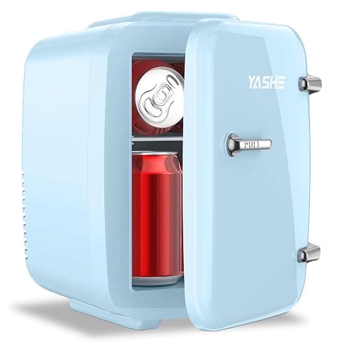 YASHE Mini Fridge, 4 Liter/6 Can Mini Makeup Fridge, 110V AC/ 12V DC Portable Thermoelectric Cooler&Warmer for Skincare, Drink, Cosmetic, Medicine, Small fridge for Bedroom, Office, Dorm, Car, Blue - Image 1