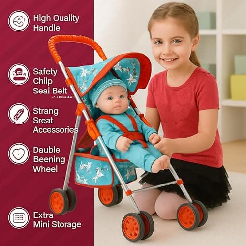 Fash n kolor® 4 Piece Doll Play Set, Doll Accessories Gift, Toy Set -Unicorn Design Includes, Doll Foldable Bed, Doll Stroller, Doll High Chair and Doll Seat, Dolls Gift Set (4 Piece Set) thumbnail 7