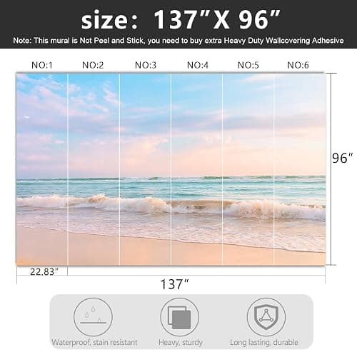 YIHWM -Clear Waves Summer Beach Coastal Scenery Fabric Wallpaper Coastal Islands Living Room Bedroom Bathroom Boys Girls Kids Room Large Mural- 137"x96"（ not Peel and Stick） thumbnail 2