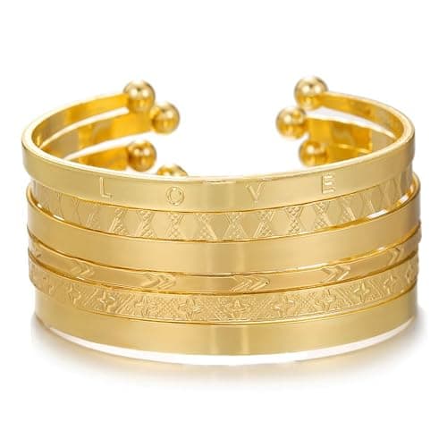 CHICUTIE Gold Bangles Bracelets For Women, 14k Gold Plated Stackable Open Cuff Bracelet Set Charms Trendy Lightweight Elegance Minimalist Textured Boho Jewelry Gift for Women thumbnail 7