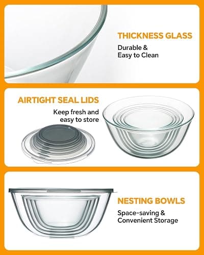 Glass Mixing Bowls with Lids Set of 5(4.78QT,2.2QT,1.7QT,1.1QT,0.85QT),Thick Glass Nesting Bowls for Kitchen Baking,Cooking Prep,Storage,Serving,Large Salad Bowls,Dishwasher Microwave Freezer Safe thumbnail 6