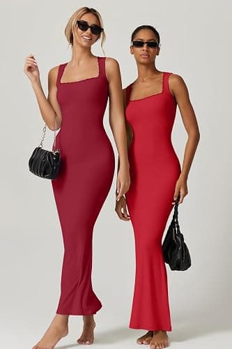 QINSEN Women's Square Neck with Lace Detail Long Maxi Dress Sleeveless Lounge Ribbed Full Length Dresses thumbnail 6