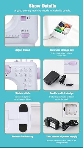 Marirao Sewing Machine for Beginners with 50 Pcs Fabric and 32 Pcs Sewing Threads Kit, Small Portable Mini Sewing Machine 12 Built-in Stitches 2 Speed with Foot Pedal thumbnail 4