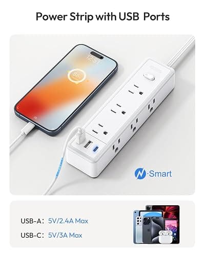Surge Protector Power Strip 10 FT, Flat Extension Cord with 9 Widely Outlets 3 USB Ports(1 USB C), 1080J, Flat Plug, 3 Side Extension Cord with Multiple Outlets, Mounted, for Indoor Home Office, White - 10FT - White thumbnail 5