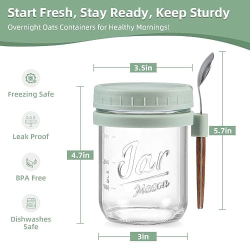4 Pack Overnight Oats Containers with Lids and Spoons, 16 oz Glass Mason Jars with Airtight Lids, Overnight Oats Jars for Milk, Cereal, Fruit thumbnail 3