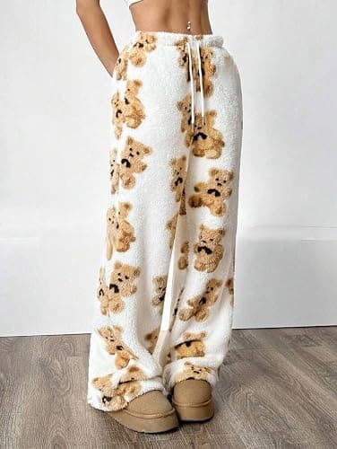 ZAFUL Women's Fuzzy Plush Pajama Pants Drawstring Elastic Waist Wide Leg Teddy Pj Bottoms Lounge Pants thumbnail 2