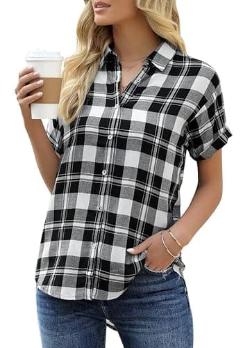 Veatzaer Women's Plaid Short Sleeve Button Down Shirt Casual Summer Blouses Tops - Image 1