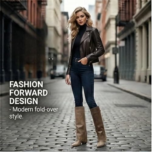 Silanway Women's Knee High Boots Leather Fold Over Pointed Toe Gold Buckle Stacked Heel Dress Casual Slouchy Mid Calf Booties thumbnail 3