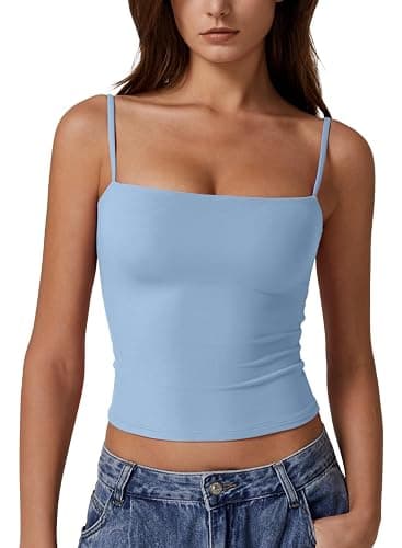 QINSEN Women's Double Lined Basic Tank Top Adjustable Spaghetti Straps Sleeveless Camisole Shirts - Image 1