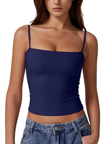 QINSEN Women's Double Lined Basic Tank Top Adjustable Spaghetti Straps Sleeveless Camisole Shirts - Image 1