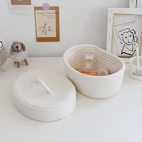 AUNMAS Oval Cotton Rope Storage Basket with Lid, Lidded Woven Storage Container Multifunctional Desktop Storage Box for Makeup Sundries Snack Needles (Milky White) thumbnail 6