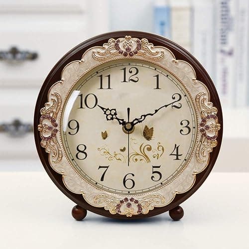 Justup Vintage Table Clock, Retro Non-Ticking European Style Beside Desk Clock Battery Operated Silent Quartz Movement for Bedroom Living Room Indoor Decor (Brown) thumbnail 2