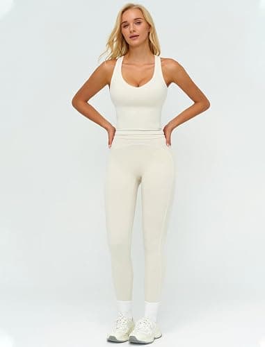 QBGJTD Womens Workout Set Two Piece Racerback Color Block Tank Top Matching High Waist Leggings Gym Pilates Outfits thumbnail 2