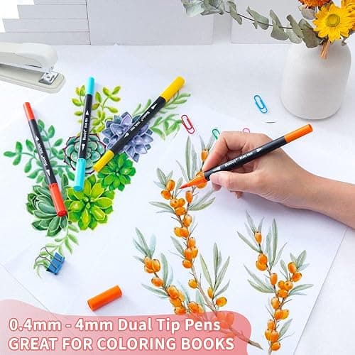 Dual Brush Markers for Adult Coloring Books, 24 Colored Fine Point Marker Pen for Back to School Supplies Bullet Journaling Note Taking Drawing thumbnail 5