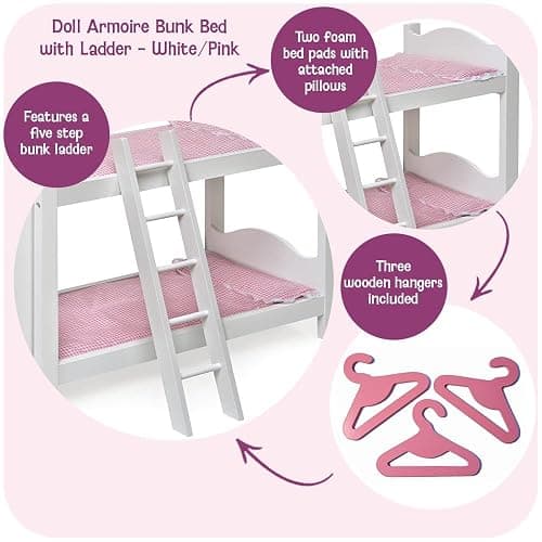Badger Basket Doll Bunk Bed with Armoire for 18 to 22-Inch Dolls – Includes Bedding, Ladder, and Storage – Perfect for Imaginative Play thumbnail 4