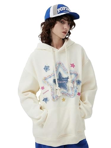 Aelfric Eden Womens Oversized Hoodies Star Graphic Fleece Hooded Streetwear Unisex Sweatshirts Pullover with Pocket - Small - Apricot thumbnail 6